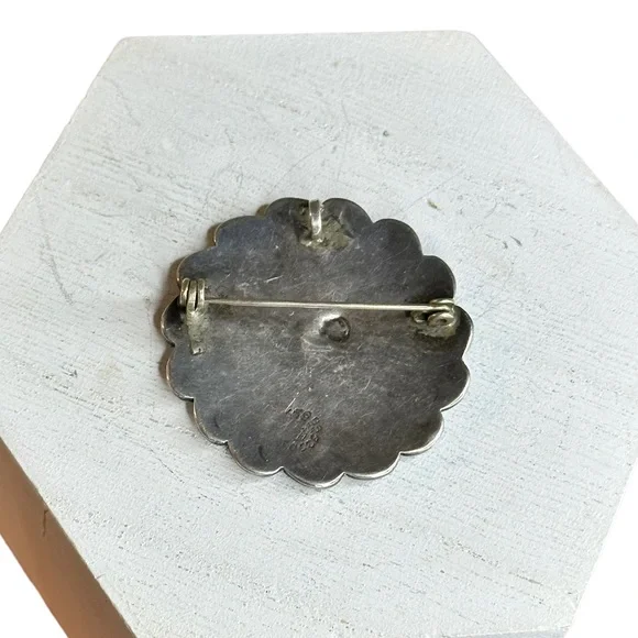 Vintage Mexico Sterling Silver Turquoise Inlay Sun Brooch - Picture 2 of 7